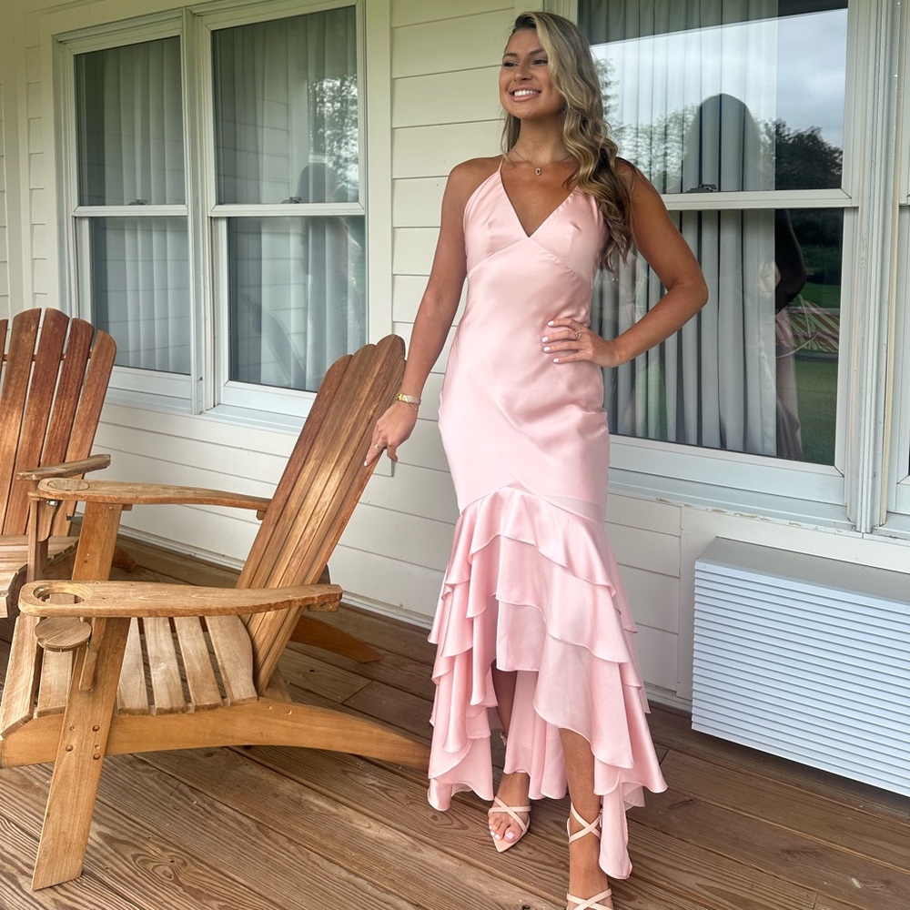 Lovers + Friends Soft Pink Satin High-Low Ruffle Slip Dress